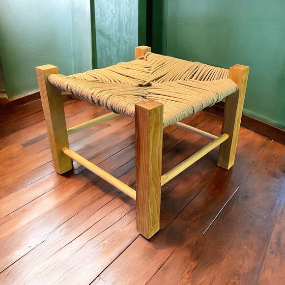 Rush Bottom Footstool-Pine Wood-Rustic Farmhouse-Shaker-Country-Boho-Primitive